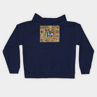 MEDIEVAL BESTIARY,UNICORN,FANTASTIC ANIMALS IN GOLD RED BLUE COLORS Kids Hoodie